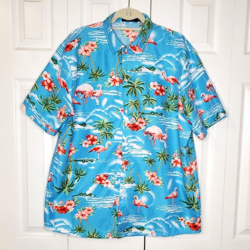 SSLR Flamingo Palm Tree Floral Hawaiian Tropical Shirt Retro